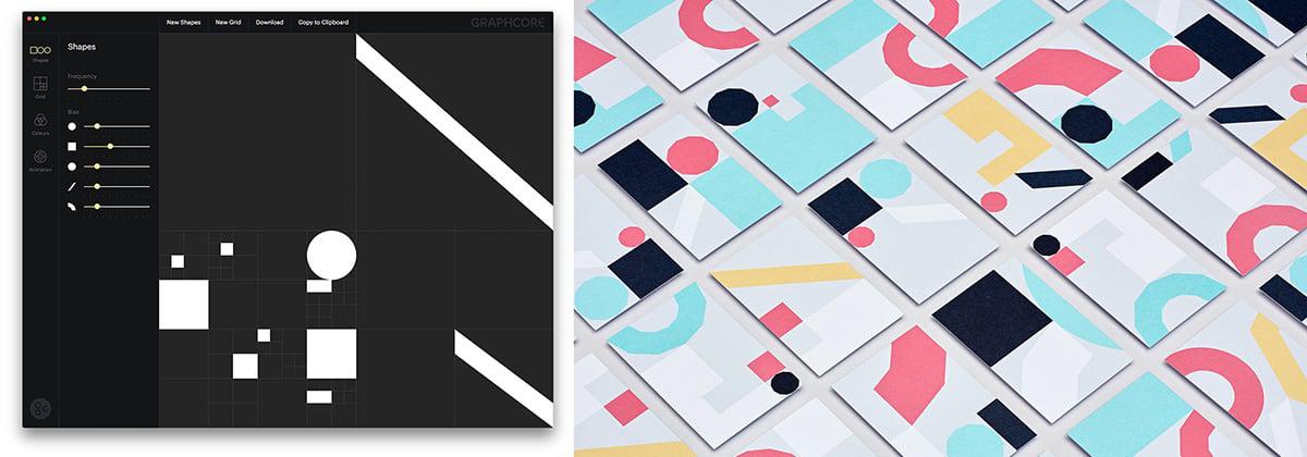 【写真】シェイプジェネレーターと、シェイプジェネレーターでパターンを生成して制作した名刺