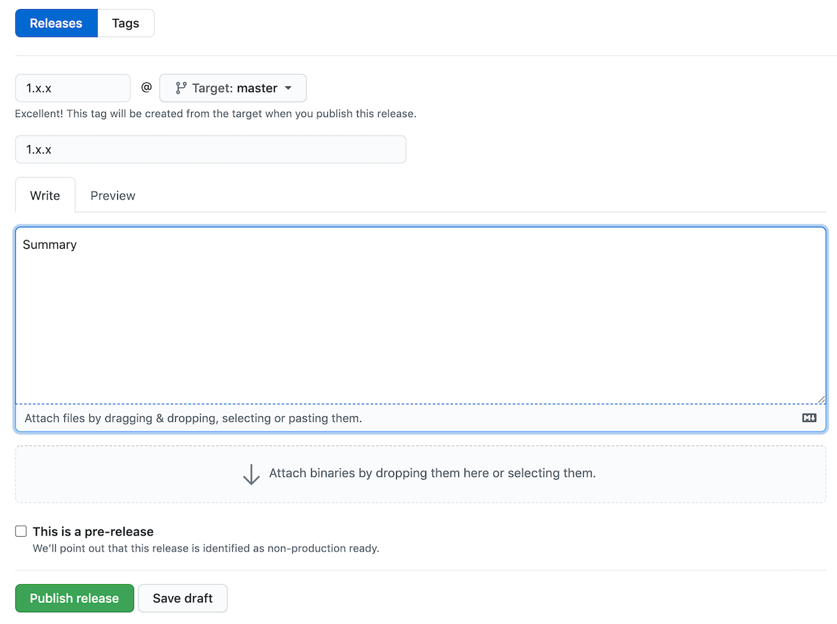 GitHub上でリリースを作成する画面