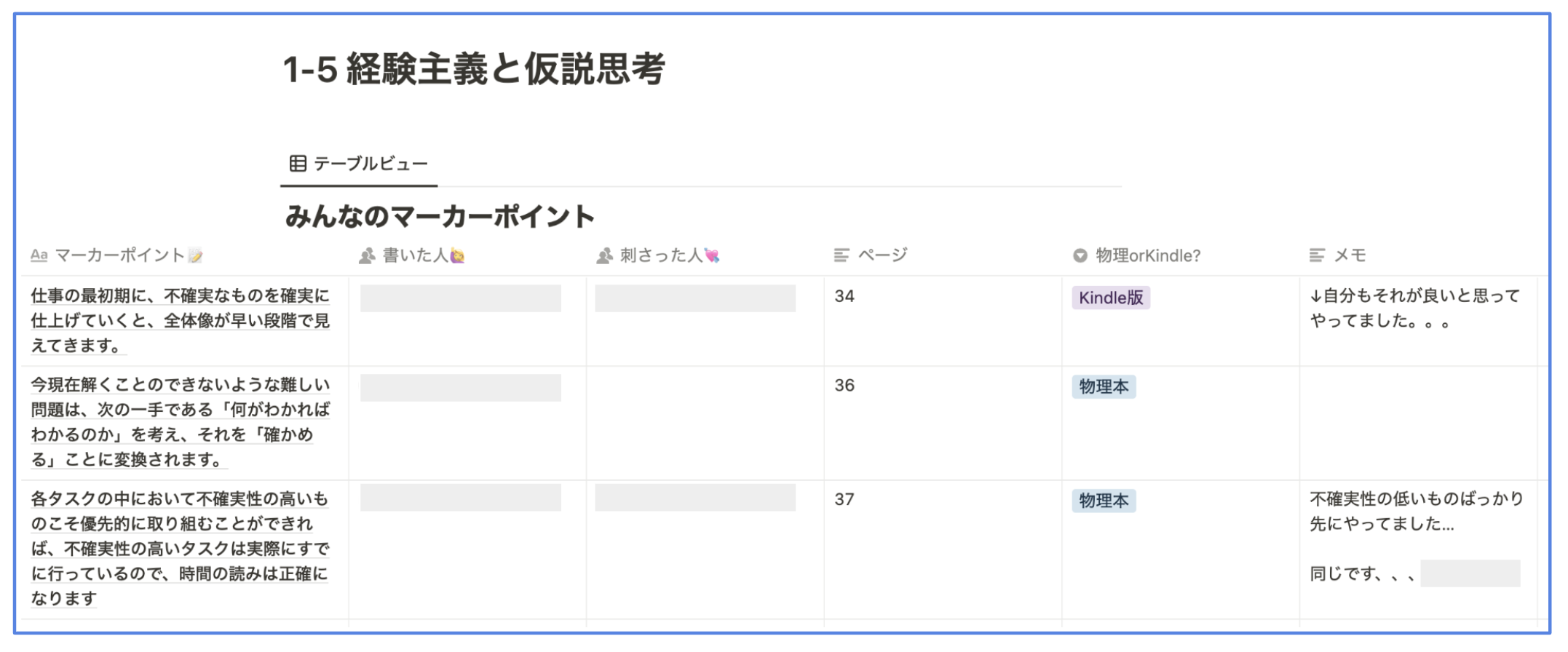 本文を引用しつつ、印象に残った場所を示すNotionのテーブル