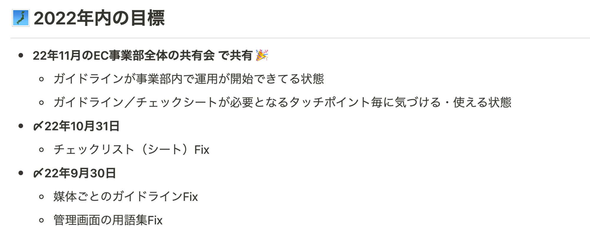 ライティングガイドラインを作成するにあたり、立てた目標。いつまでに「ガイドラインが事業部内で運用できている状態」と「ガイドライン/チェックシートが必要となるタッチポイントごとに気づける・使える状態」にするかを決めた