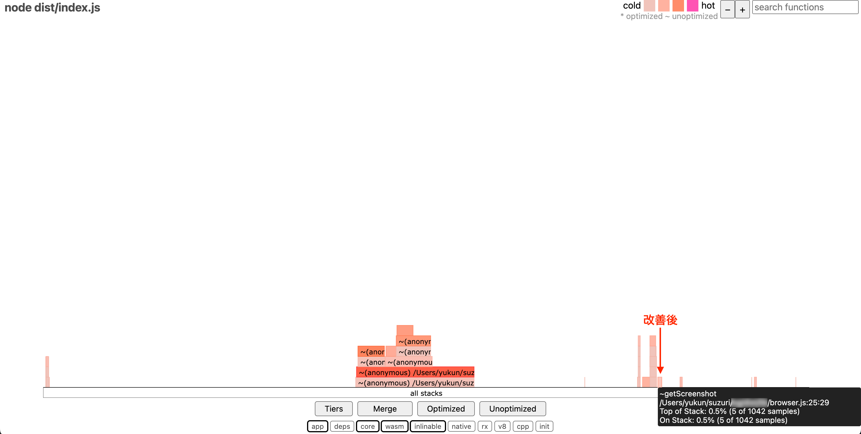 パフォーマンス改善後の0x 生成したフレームグラフ depsをオフにしてappのグラフを分かりやすく