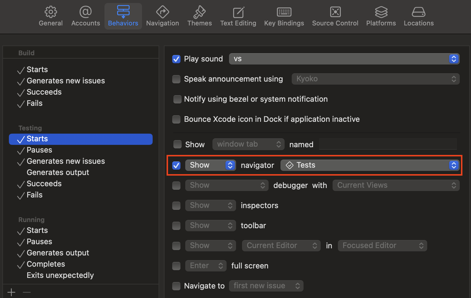 テスト実行時にnavigatiorのTestsを開く設定のスクショ