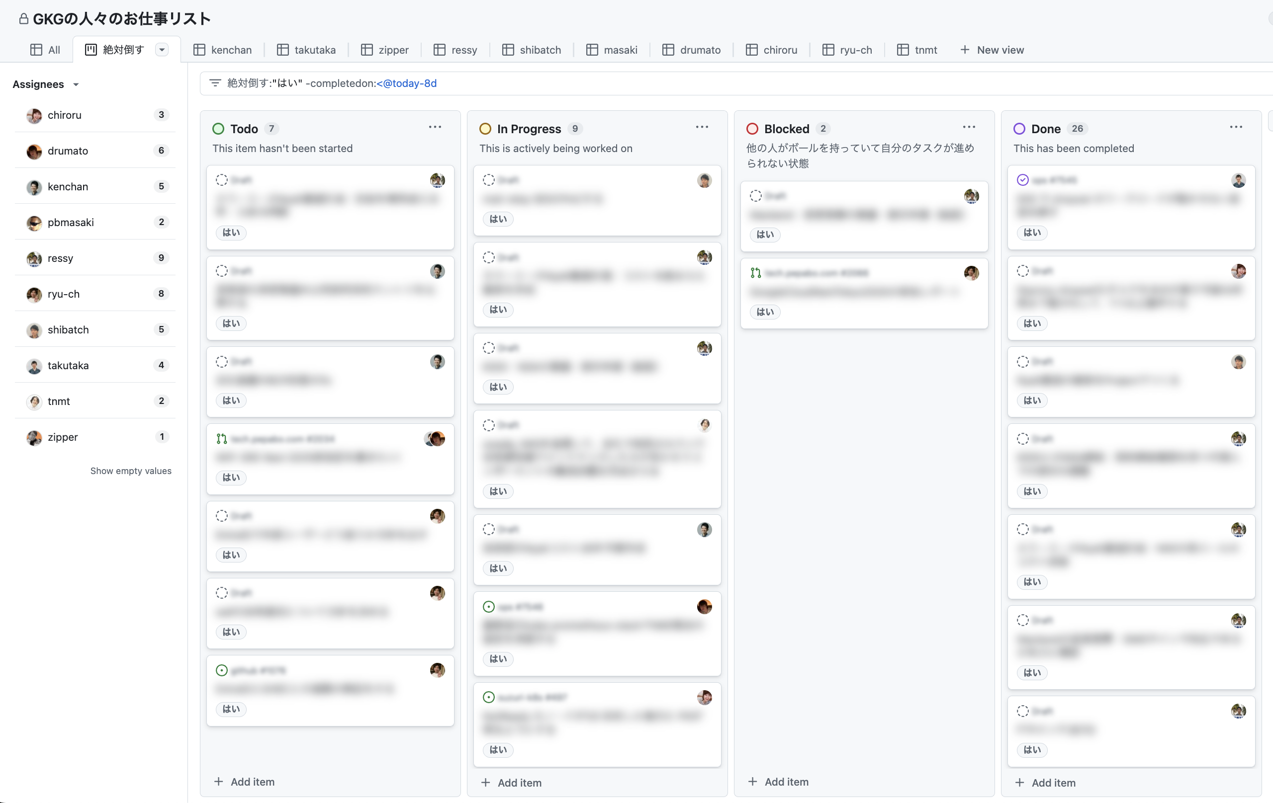 zettaoの管理ボード。チームでボードを見ながら各自のzettaoの進捗を確認する