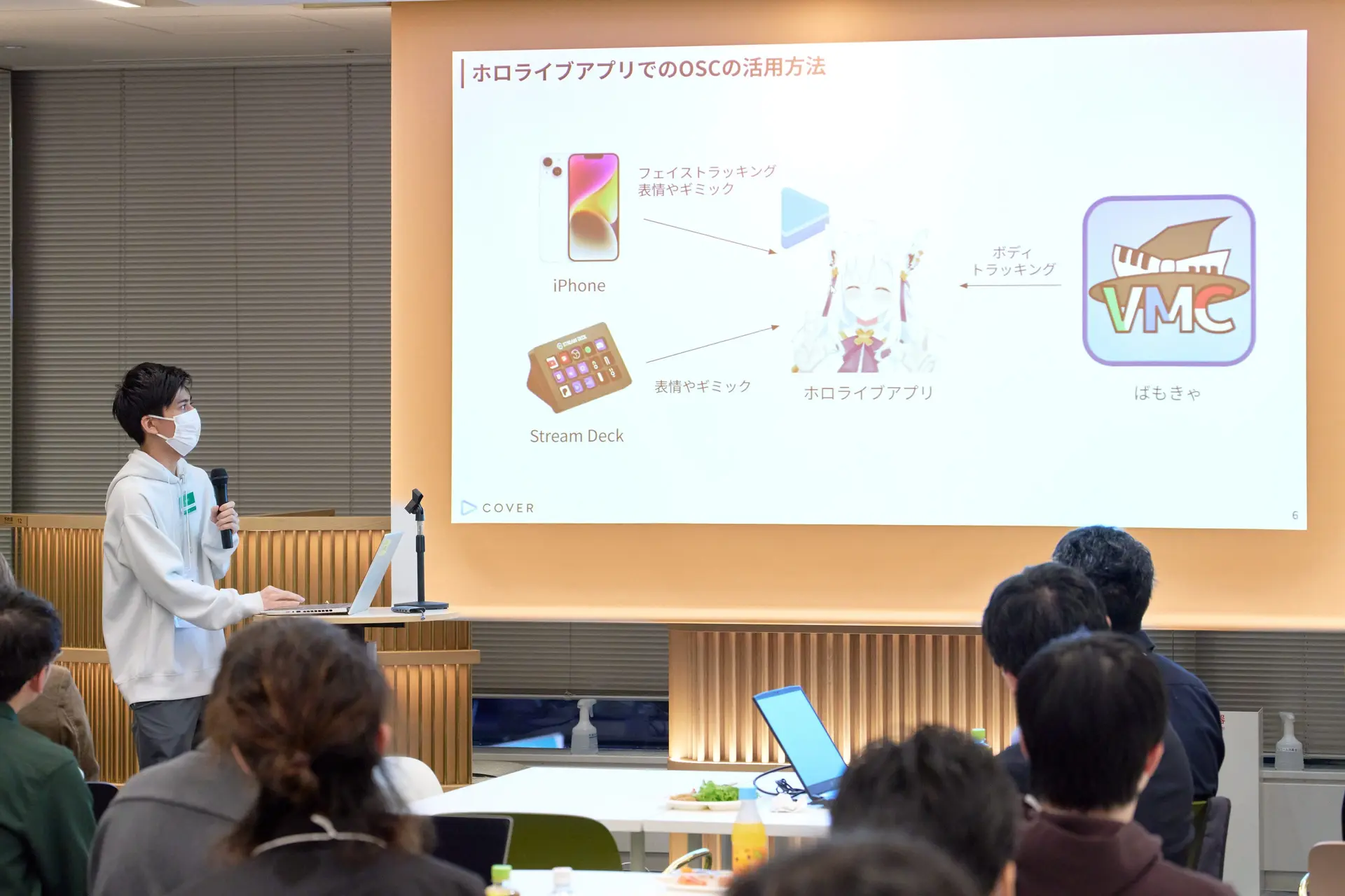 カバー株式会社 清水氏による「ホロライブアプリにおけるOSCの活用方法」の発表風景